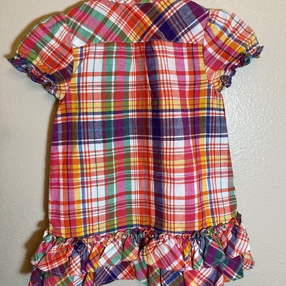 Ralph Lauren Ruffle Plaid Short Sleeve Linen Cotton Blend Dress